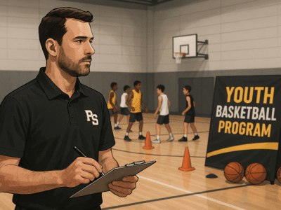 Youth basketball coach planning training session with young players